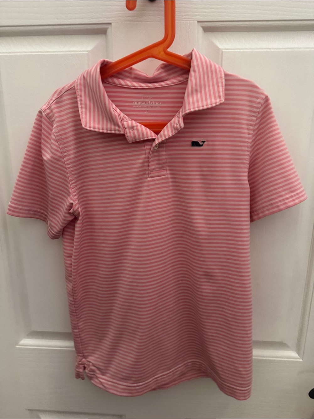 Vineyard Vines Pink and White Striped Polo with Whale Emblem kids size S